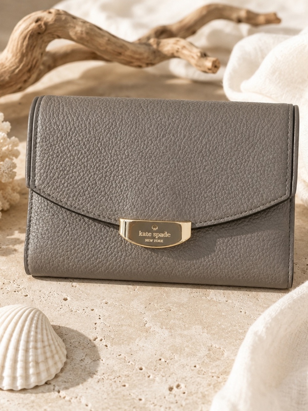 Kate Spade Grey Pebbled Leather Envelope Wallet Gold Hardware | Coastal Quiet
